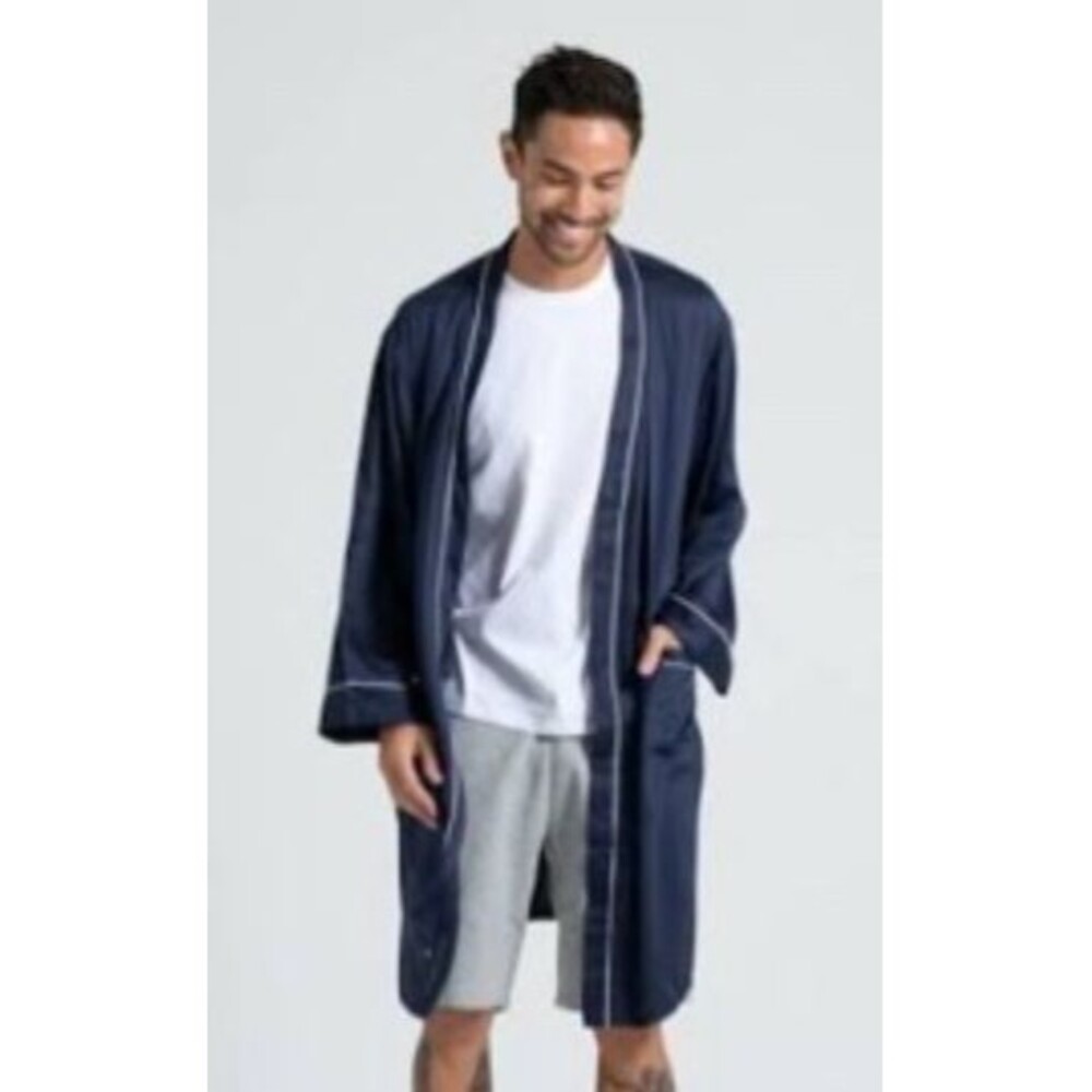 Ettitude CleanBamboo Sateen Robe Small Navy Blue Contrast Piping Belt Bag NWT